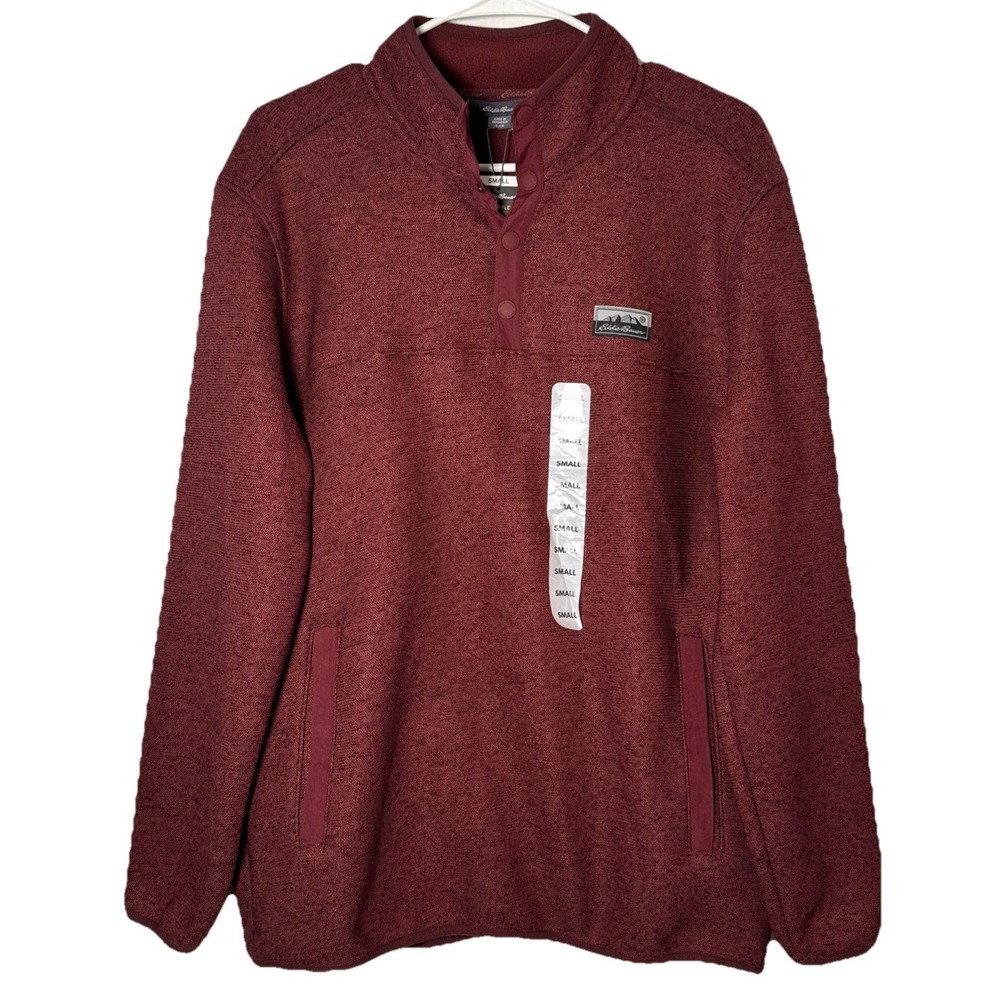 Eddie Bauer Mens Small Burgundy Sweater Fleece Pullover Mock Neck Snap Front NWT
